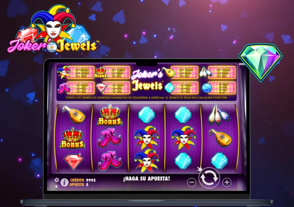 Juego de tragamonedas Joker's Jewels en un casino online, muestra de la interfaz del juego con símbolos y créditos